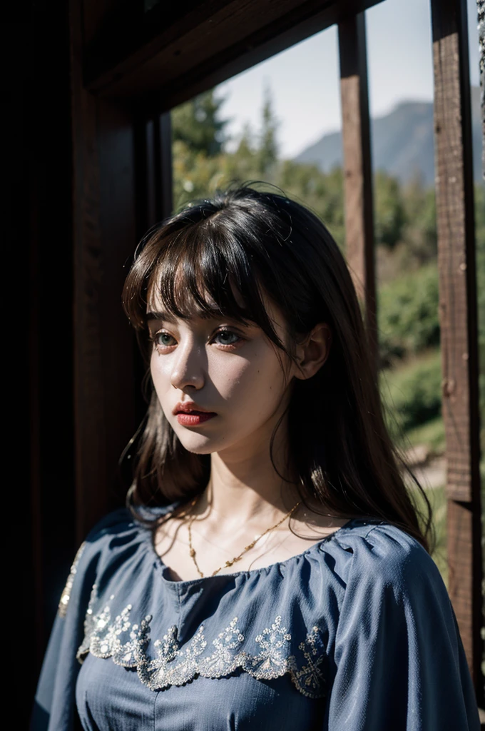 masterpiece, best quality, marianne_timeskip, blue dress, capelet, dark alpine forest, standing, night, looking up, upper body, detailed face
