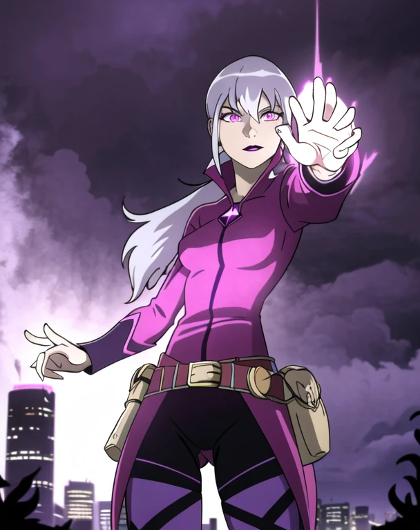 (cowboy shot), sfw, (masterpiece), (best quality:1.0), (ultra highres:1.0), detailed eyes, BREAK Charmcaster, 1girl, low ponytail, bangs, pink eyes, lipstick, magenta coat, bodysuit, dark purple tights, thigh straps, pouch belt, both hands glowing bright purple, purple magic, bright purple sparks in both hands, BREAK (city, nighttime, creepy and isolated tone, dark clouds in the sky, purple lighting, outdoors, gorgeous view)
