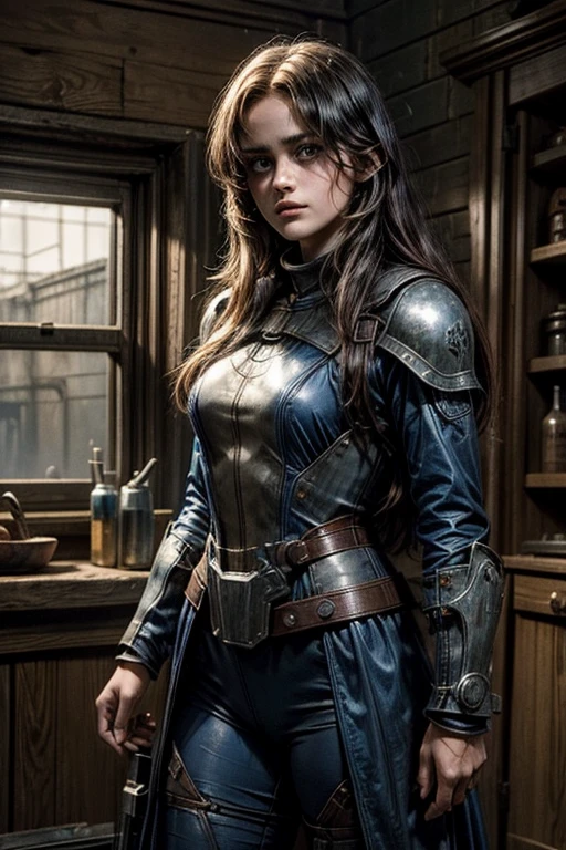 Ella Purnell, personagem, Lucy character from the fallout series, (Ella Purnell cabelo com rabo de cavalo franja cortina) uma jovem soldado seios nus, in blue costumes from the Brotherhood of Steel paramilitary faction ; e The Ghoul (Walton Goggins),