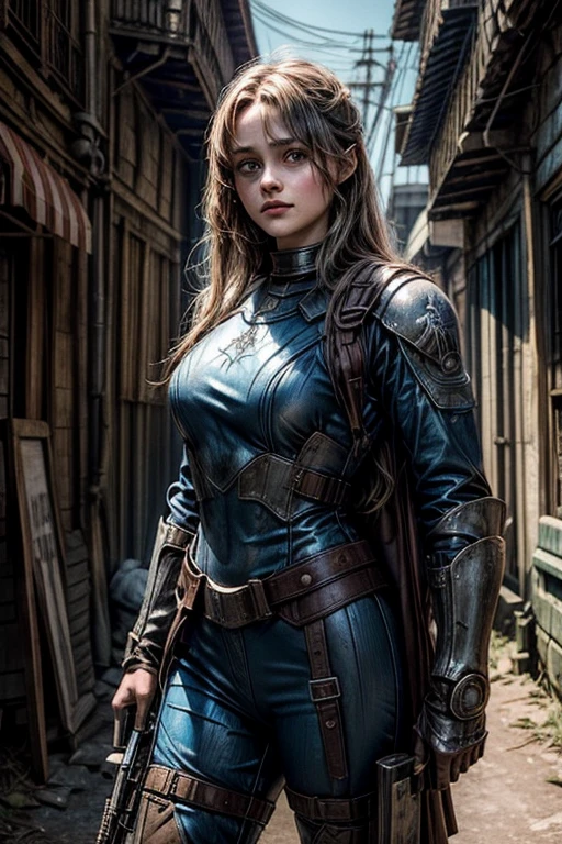 Ella Purnell, personagem, Lucy character from the fallout series, (Ella Purnell cabelo com rabo de cavalo franja cortina) uma jovem soldado seios nus, in blue costumes from the Brotherhood of Steel paramilitary faction ; e The Ghoul (Walton Goggins),