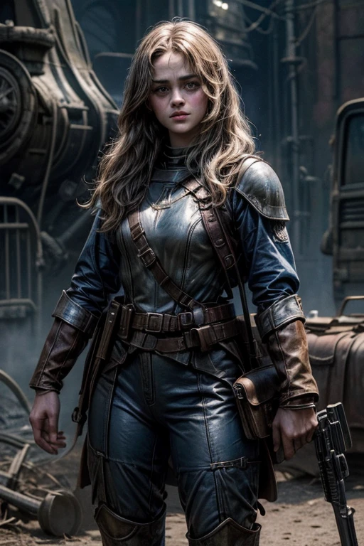 Ella Purnell, personagem, Lucy character from the fallout series, (Ella Purnell cabelo com rabo de cavalo franja cortina) uma jovem soldado seios nus, in blue costumes from the Brotherhood of Steel paramilitary faction ; e The Ghoul (Walton Goggins),