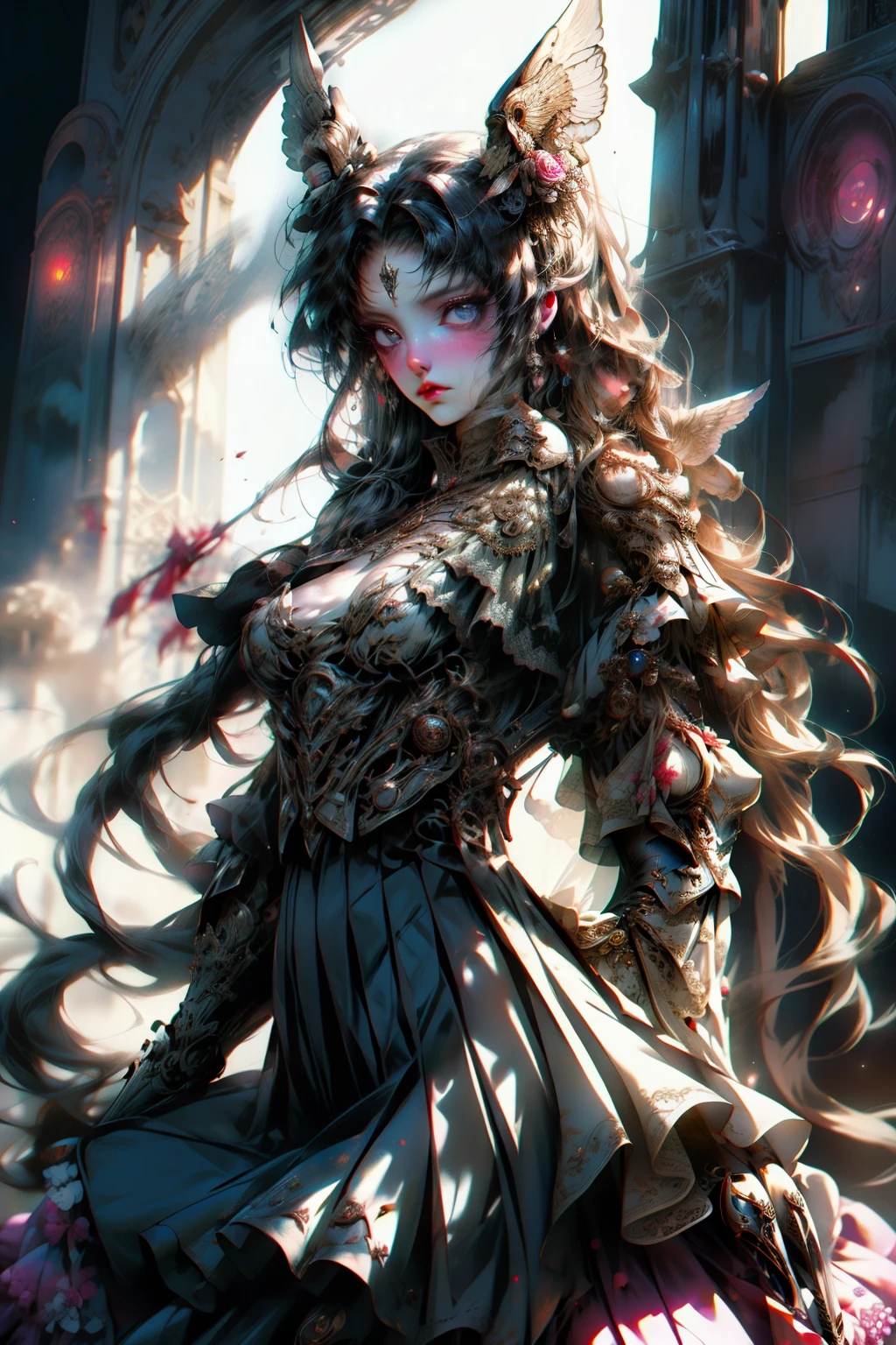 ((best quality)), ((masterpiece)), (detailed), plain background, white background, Bloodborne inspired,  occult aesthetic, occult, detailed and intricate steampunk and detailed gothic, NSFW, Very dramatic and cinematic lighting, cosmic horror, grim-dark, side-lighting, perfect face, a beaituful goddess valkyrie adorned and enshrined in armour, Bloodborne inspired valkyrie, occult aesthetic valkyrie, occult valkyrie, detailed and intricate steampunk and detailed gothic valkyrie, Fluttering lace flared long knee length dress with frilly petticoats, knee length dress, pleated petticoats, lolita dress, petticoats gothic lolita, side-lighting, gothic lolita aesthetic, beautiful small breasts, small breasts, full body, whole body, body, plain background, white background, blank background