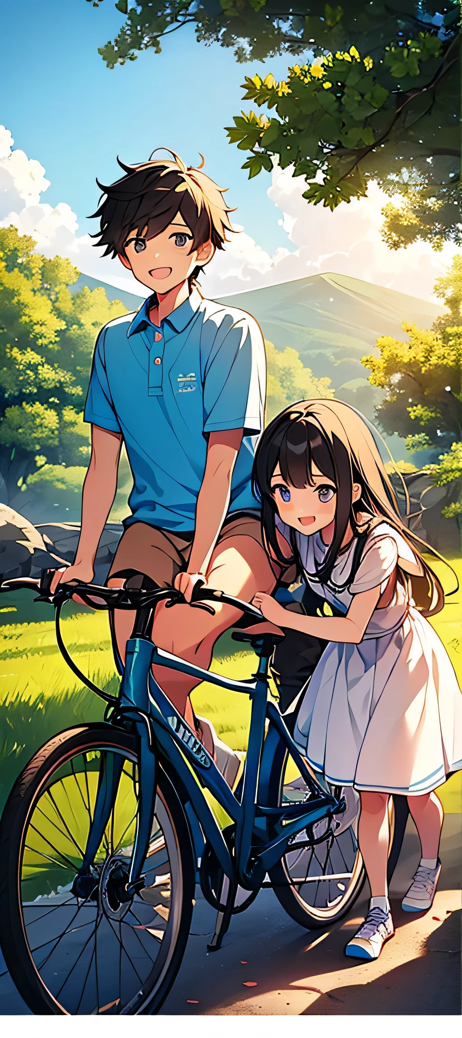 A boy and a girl are standing facing each other, each holding a bicycle. The boy has a bright smile and a hint of adventure in his eyes, while the girl has a playful glint in hers. In the background, you can see a scenic landscape with trees and a clear blue sky. The words "Vishnu" and "Vaishnavi" are written boldly above them, as if their names are etched in the air. The atmosphere is filled with a sense of freedom and joy, as if they're about to embark on a thrilling journey together!