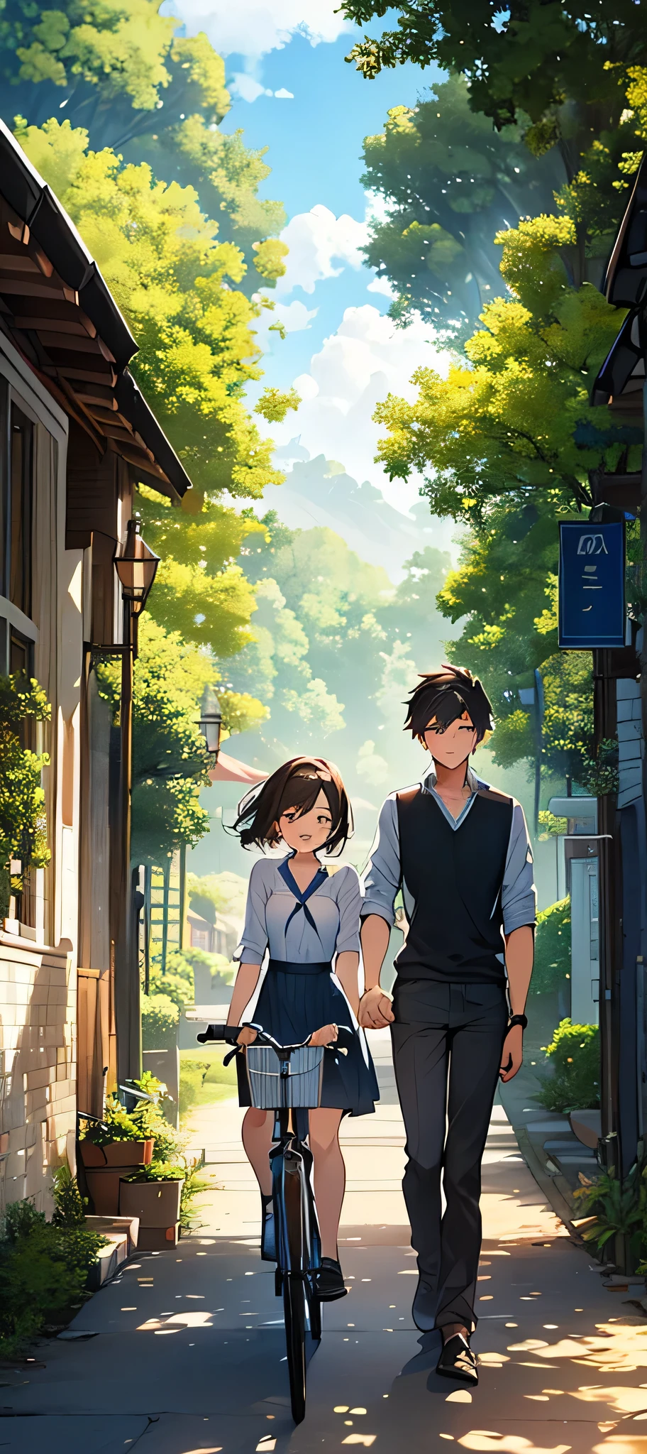 A boy and a girl are standing facing each other, each holding a bicycle. The boy has a bright smile and a hint of adventure in his eyes, while the girl has a playful glint in hers. In the background, you can see a scenic landscape with trees and a clear blue sky. The words "Vishnu" and "Vaishnavi" are written boldly above them, as if their names are etched in the air. The atmosphere is filled with a sense of freedom and joy, as if they're about to embark on a thrilling journey together!