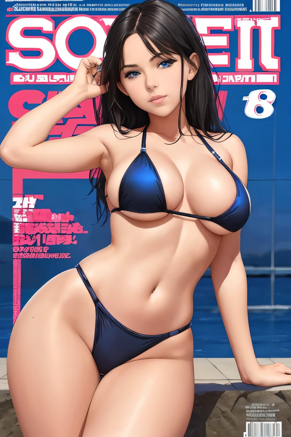 Swimsuit magazine cover, young woman, 18yo, provocative position, multi couloured swimsuit, medium breast, perfect body, black haired, blue eyes