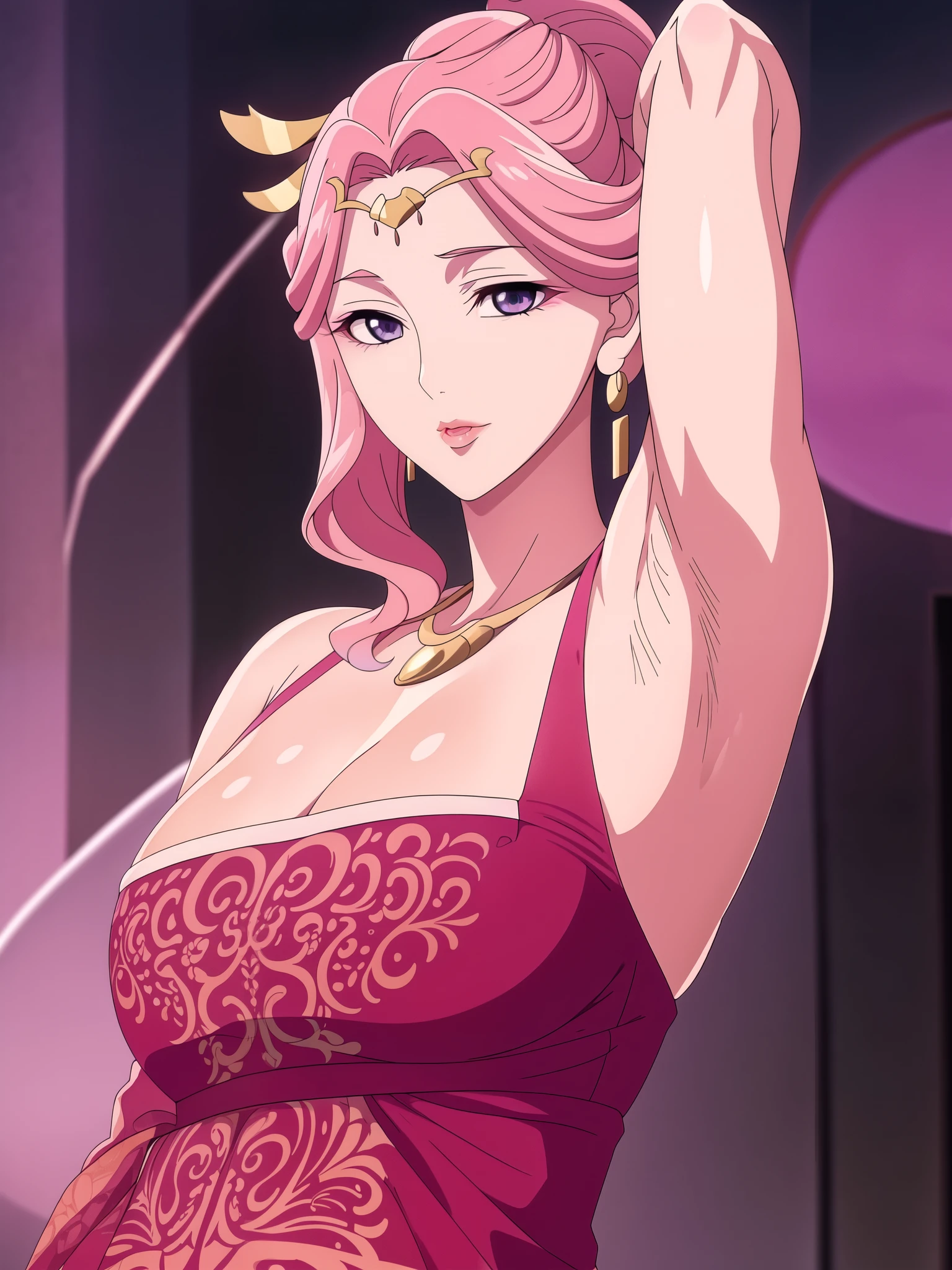 Armpit Show,View your viewers,girl, Long white hair, Purple eyes, Sharp features, White skin, Pink Lips, beautiful, Sleeveless dresses