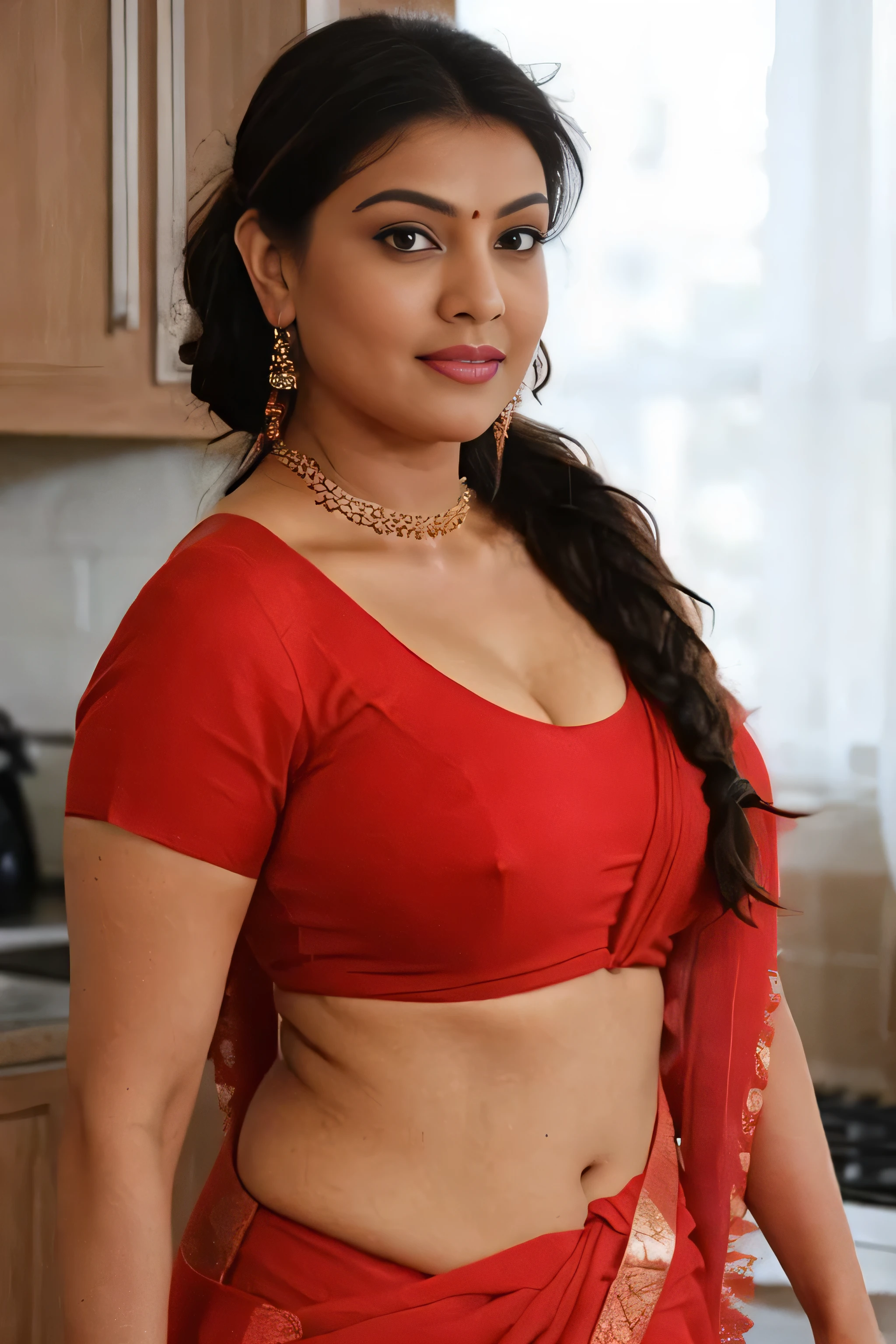 extreme close up photo of sexy indian, front pose view, curvy, red see through saree, in kitchen, French braid hair