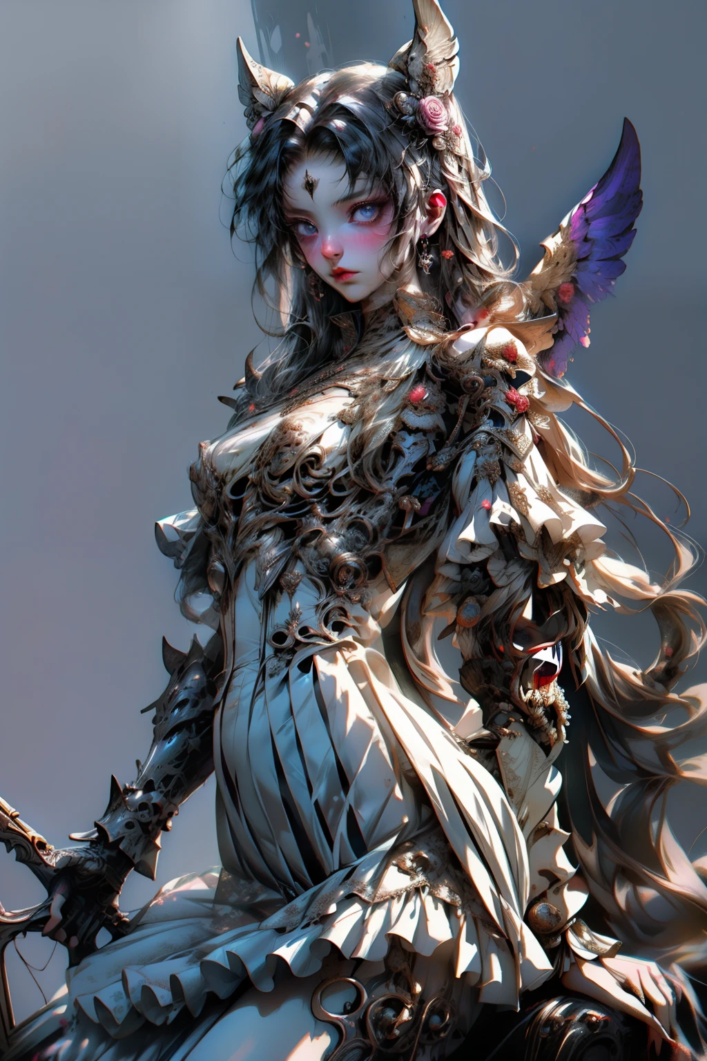 ((best quality)), ((masterpiece)), (detailed), plain background, white background, Bloodborne inspired,  occult aesthetic, occult, detailed and intricate steampunk and detailed gothic, NSFW, Very dramatic and cinematic lighting, cosmic horror, grim-dark, side-lighting, perfect face, a beaituful goddess valkyrie adorned and enshrined in armour, Bloodborne inspired valkyrie, occult aesthetic valkyrie, occult valkyrie, detailed and intricate steampunk and detailed gothic valkyrie, Fluttering lace flared long knee length dress with frilly petticoats, knee length dress, pleated petticoats, lolita dress, petticoats gothic lolita, side-lighting, gothic lolita aesthetic, beautiful small breasts, small breasts, full body, whole body, body, plain background, white background, blank background, no background
