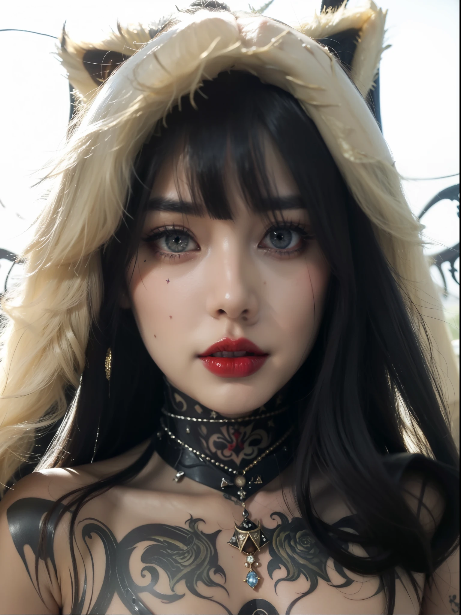 Detailed image quality，Witch Pandora，wing, Succubus Theme，堕落Angel，Excellent，scary，Secret Terror，Tentacles，With eyes，Uncanny Valley Effect，Beast Blood Moon，skeleton，vampire，Hellfire，Dark Queen，Angel，magician magic witch，Angel，Eyes are blue(Pupils as deep as the starry sky)，Gorgeous tattoo designs all over the body，Surreal photos(8K picture quality，Rich in details)，Dark eyeshadow，Sexy thick lips(Red lipstick)，Tattoo designs on body，Dark Queen，Cleopatra，Wearing luxurious gold jewelry，Tattooed girl