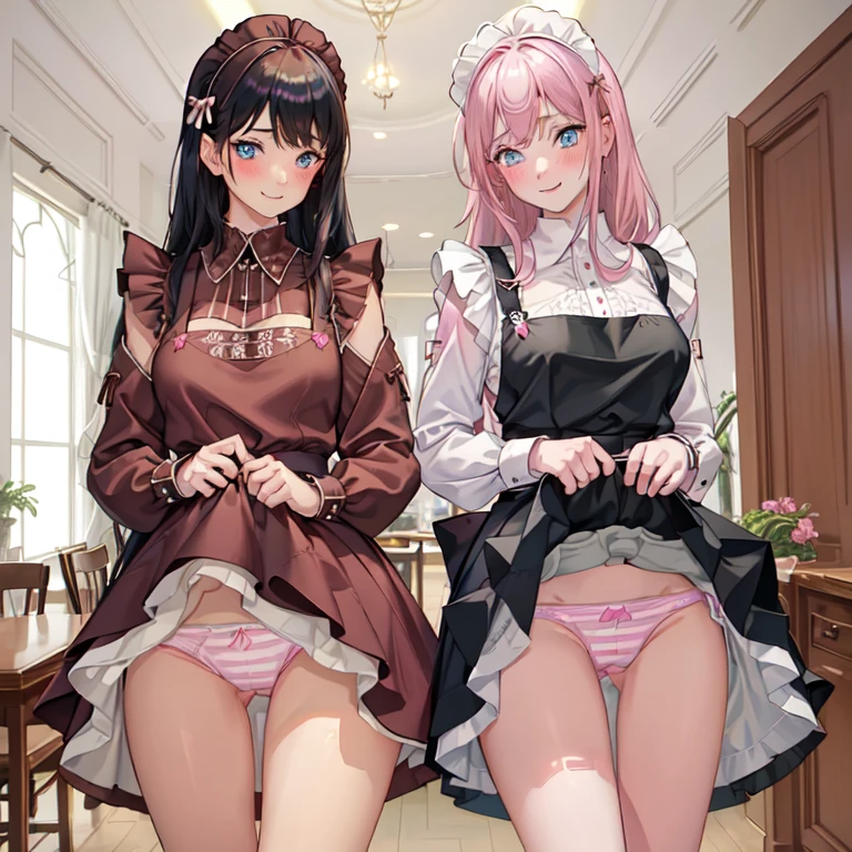 highest quality, masterpiece, ((2 girls:1.5)), ((smile:1.3)), (blush:1.3), Black Shirt, blouse, ((fun!!)), (Small breasts), Blonde, (Long sleeve), ((White apron:1.5)), ((Maid)), ((hair ornaments)), Kamimei, look at me, ((in house:1.5)), Taking a break from watching the audience, Cowboy Shot, (skirtlift:1.3), (Highly detailed pink striped panties:1.3), (Highly detailed panties:1.3), (skirt that rolls up:1.3), (Panties fully exposed:1.5), Light blue eyes, long hair, Glowing Eyes