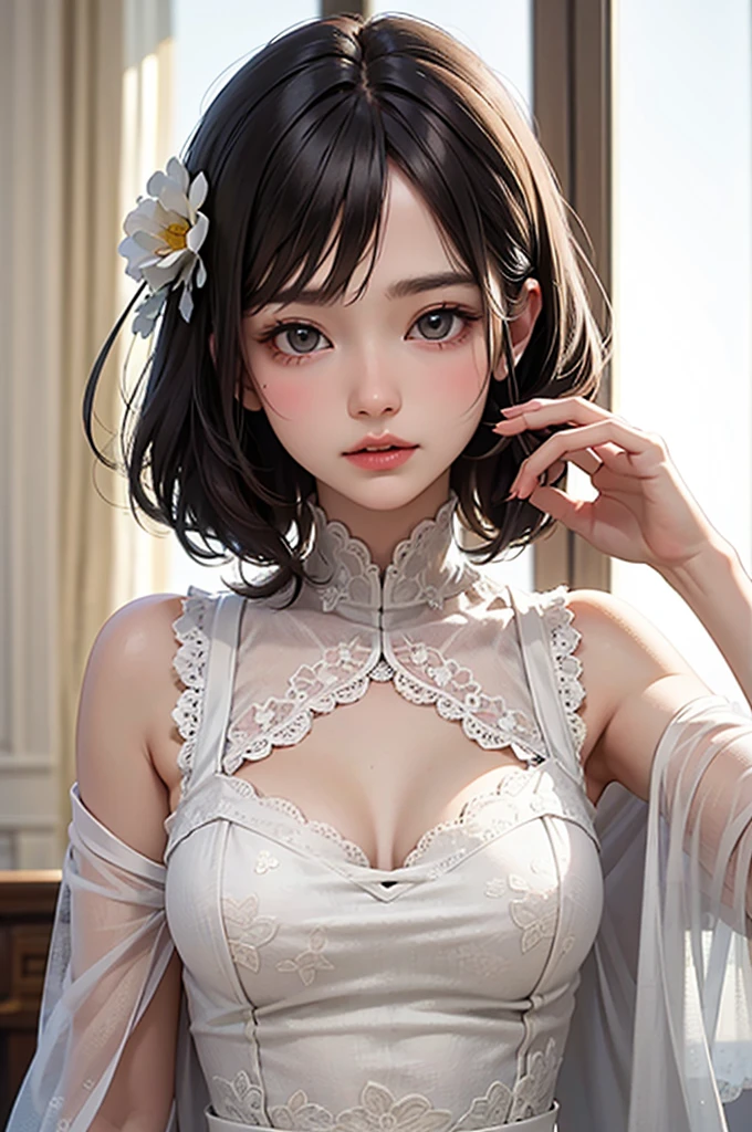 8k,Confused, High resolution, Very detailed, 1 girl, alone, Very beautiful eyes, Ultra-precise depiction, Artistic 1.2、Very detailed depiction, (Tangled:1.2), , (White high key background:1.5), (((Lace pattern bra:1.5))),Tiny bra、High leg、 (((See through)))、、 ((short hair))、Earrings and Necklaces、(Platinum Blonde Hair), (Glowing Skin), Many colors, , (Shooting from the sky:1.2),、Flat Body、slim、cute、、Round face、Cast a Shadow、See through、