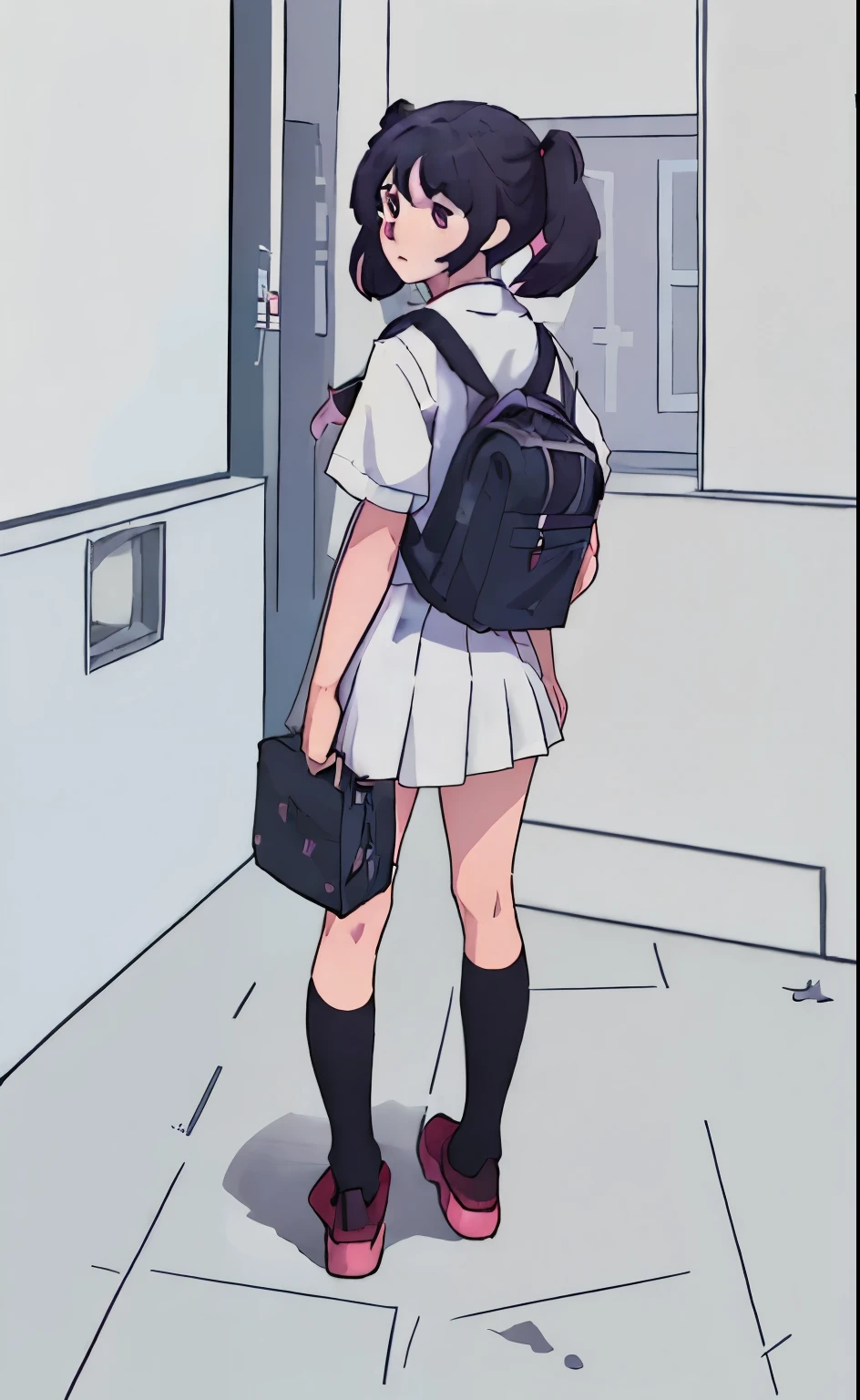 1girl, ,jk, full body, walking, holding school bag, looking back, back view, twintails