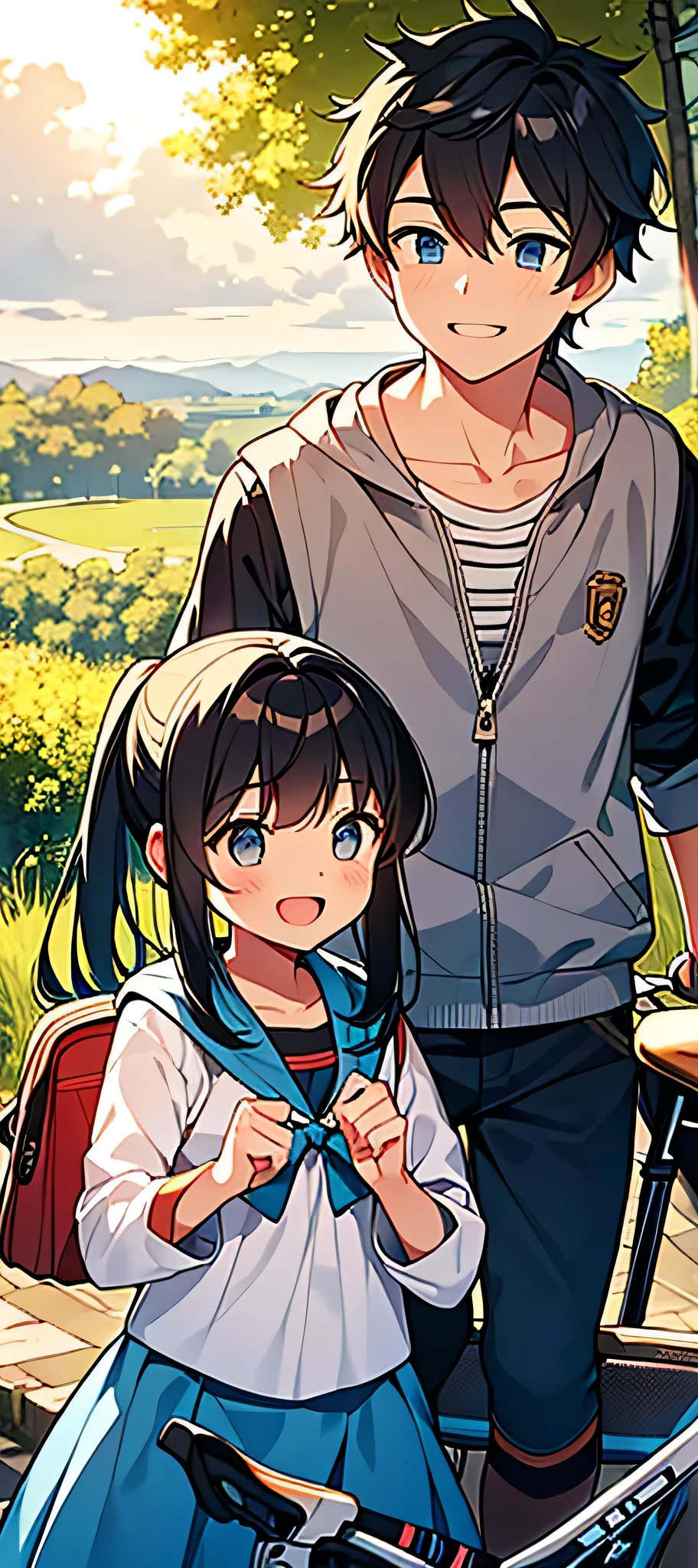 

A boy and a girl are standing facing each other, each holding a bicycle. The boy has a bright smile and a hint of adventure in his eyes, while the girl has a playful glint in hers. In the background, you can see a scenic landscape with trees and a clear blue sky. The words "Vishnu" and "Vaishnavi" are written boldly above them, as if their names are etched in the air. The atmosphere is filled with a sense of freedom and joy, as if they're about to embark on a thrilling journey together!