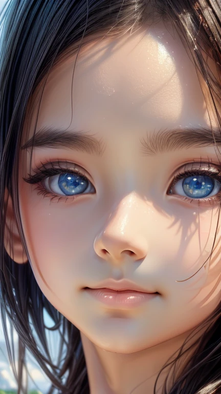 a cute girl looking up at a rainbow after the rain, summer,beautiful detailed eyes,beautiful detailed lips,extremely detailed eyes and face,longeyelashes,colorful rainbow,rain puddles,sunlight rays,bright vibrant colors,warm sunny day,soft diffuse lighting,serene peaceful atmosphere,cinematic composition,intricate details,photorealistic,8k,ultra-detailed,masterpiece,digital painting,landscape