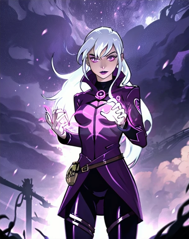 (cowboy shot), sfw, (masterpiece), (best quality:1.0), (ultra highres:1.0), detailed eyes, BREAK Charmcaster, 1girl, low ponytail, bangs, pink eyes, lipstick, magenta coat, bodysuit, dark purple tights, thigh straps, pouch belt, both hands glowing bright purple, purple magic, bright purple sparks in both hands, BREAK (city, nighttime, creepy and isolated tone, dark clouds in the sky, purple lighting, outdoors, gorgeous view)
