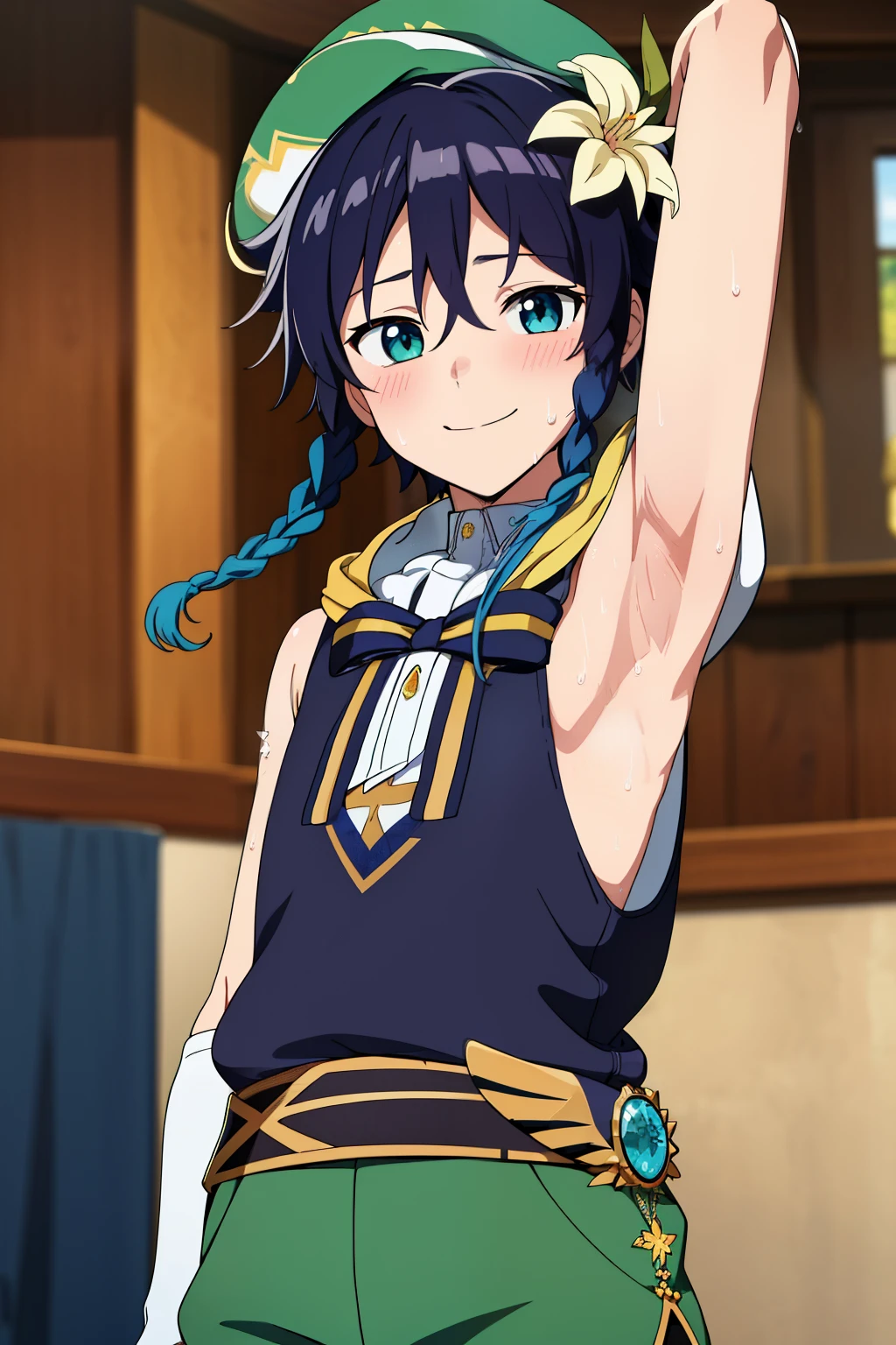 (Masterpiece),(best quality),official art,extremely detailed CG,unity 8k wallpaper,ultra detailed, best quality, 1boy, Boy, Shota, ventidef, beret, hat flower, Sleeveless hoodie, glove, belt, sweat, jewelry, brooch, (Showing armpit:1.3), Smile, Upper body, blushing, Blurry beckground