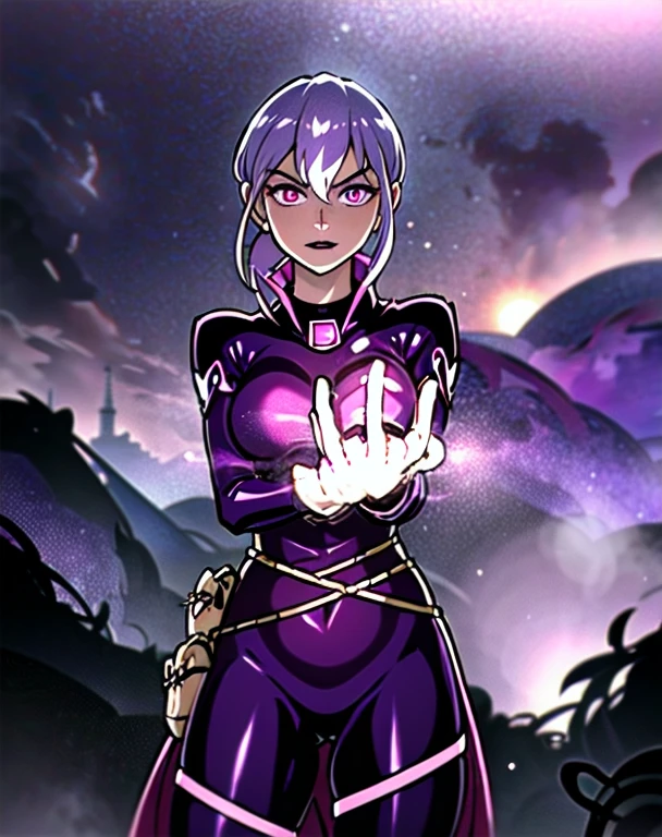 (cowboy shot), sfw, (masterpiece), (best quality:1.0), (ultra highres:1.0), detailed eyes, BREAK Charmcaster, 1girl, low ponytail, bangs, pink eyes, lipstick, magenta coat, bodysuit, dark purple tights, thigh straps, pouch belt, both hands glowing bright purple, purple magic, bright purple sparks in both hands, BREAK (city, nighttime, creepy and isolated tone, dark clouds in the sky, purple lighting, outdoors, gorgeous view)
