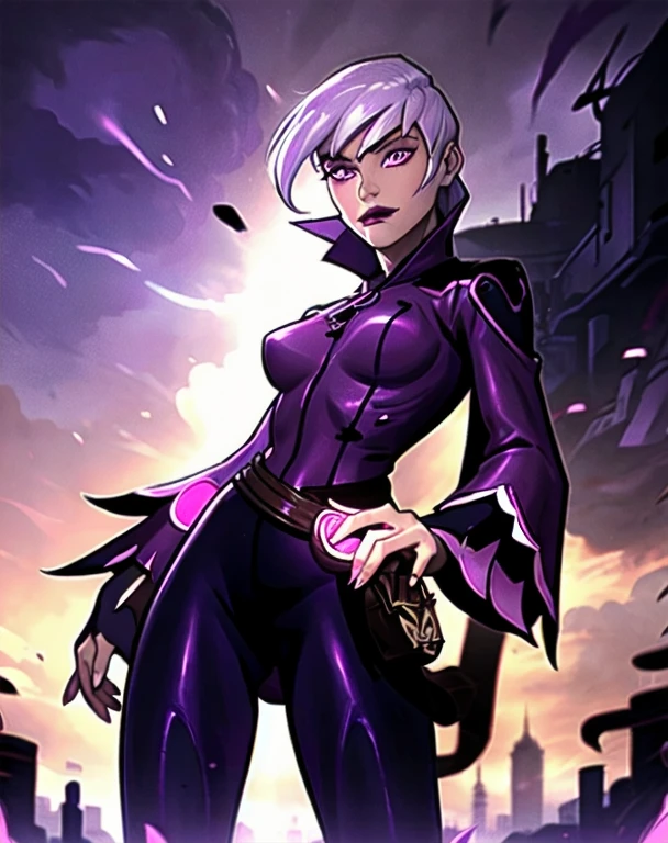 (cowboy shot), sfw, (masterpiece), (best quality:1.0), (ultra highres:1.0), detailed eyes, BREAK Charmcaster, 1girl, low ponytail, bangs, pink eyes, lipstick, magenta coat, bodysuit, dark purple tights, thigh straps, pouch belt, both hands glowing bright purple, purple magic, bright purple sparks in both hands, BREAK (city, nighttime, creepy and isolated tone, dark clouds in the sky, purple lighting, outdoors, gorgeous view)
