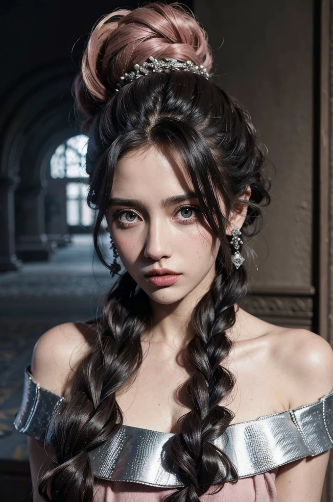 Woman, serious, warrior, armour, elegant, pink dress, aristocratic, silver elements, long nails, bare shoulders, hairstyle, hair up, braid and ponytail, messy, arrogant, absurd, detailed dress, royalty, celebration, hall decorated with flowers, cowboy shot, portrait, (best quality), (masterpiece), (highly detailed), (4k)