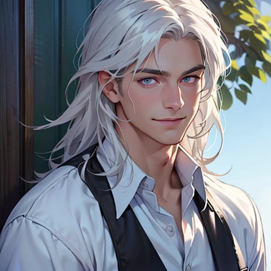 (realistic:1.37,best quality,4k,8k,highres,masterpiece:1.2),ultra-detailed,jovem,masculine Caucasian,deep purple eyes,gentle smile,simple clothing,school atmosphere,medium hair,white hair,slight smile.