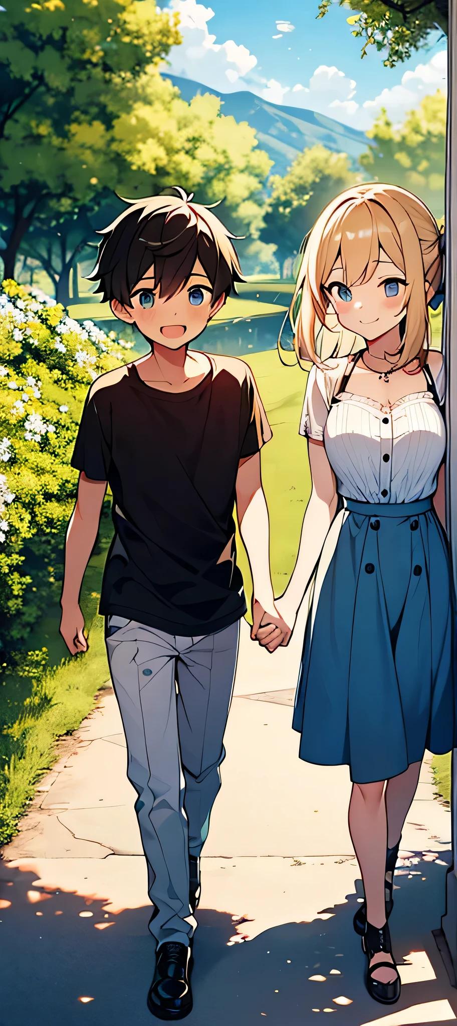 

A boy and a girl are standing facing each other, each holding hand. The boy has a bright smile and a hint of adventure in his eyes, while the girl has a playful glint in hers. In the background, you can see a scenic landscape with trees and a clear blue sky. The atmosphere is filled with a sense of freedom and joy, as if they're about to embark on a thrilling journey together.