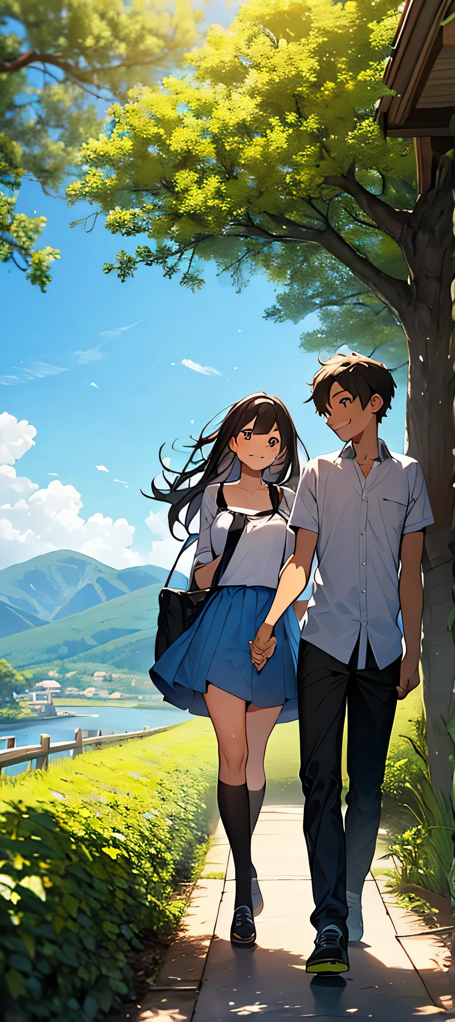 A boy and a girl are standing facing each other, each holding hand. The boy has a bright smile and a hint of adventure in his eyes, while the girl has a playful glint in hers. In the background, you can see a scenic landscape with trees and a clear blue sky. The atmosphere is filled with a sense of freedom and joy, as if they're about to embark on a thrilling journey together.