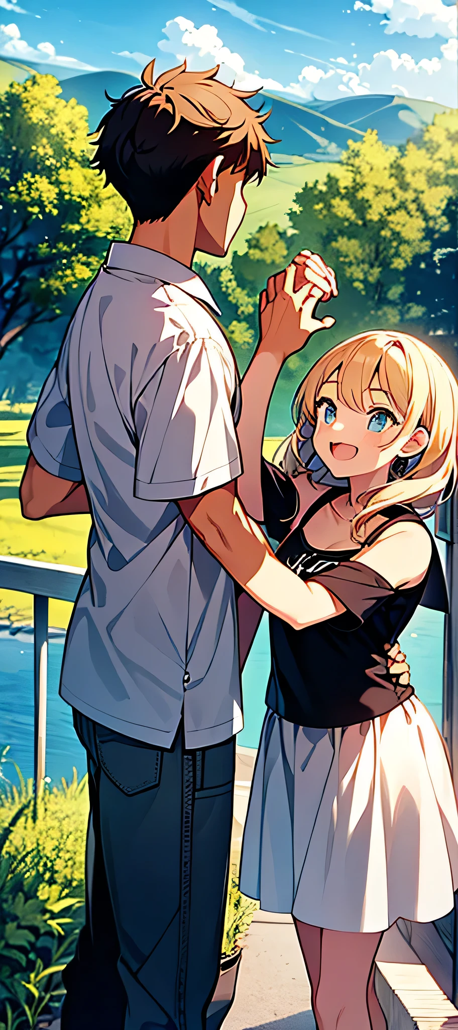 A boy and a girl are standing facing each other, each holding hand. The boy has a bright smile and a hint of adventure in his eyes, while the girl has a playful glint in hers. In the background, you can see a scenic landscape with trees and a clear blue sky. The atmosphere is filled with a sense of freedom and joy, as if they're about to embark on a thrilling journey together.