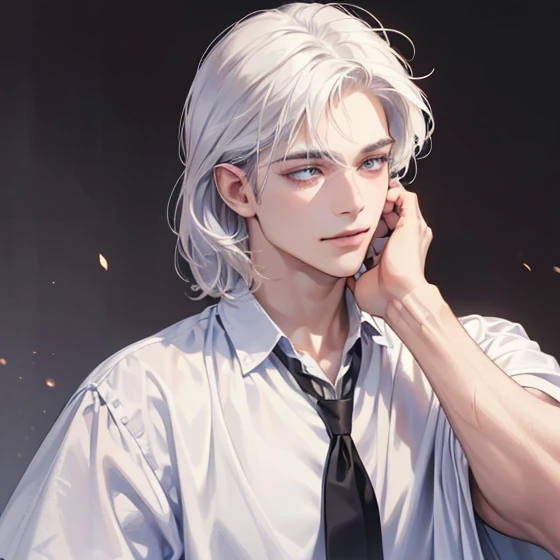 (realistic:1.37,best quality,4k,8k,highres,masterpiece:1.2),ultra-detailed,jovem,masculine Caucasian,deep purple eyes,gentle smile,simple clothing,school atmosphere,medium hair,white hair,slight smile.