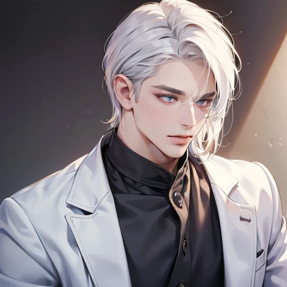 (realistic:1.37,best quality,4k,8k,highres,masterpiece:1.2),ultra-detailed,jovem,masculine Caucasian,deep purple eyes,gentle smile,simple clothing,school atmosphere,medium hair,white hair,slight smile.