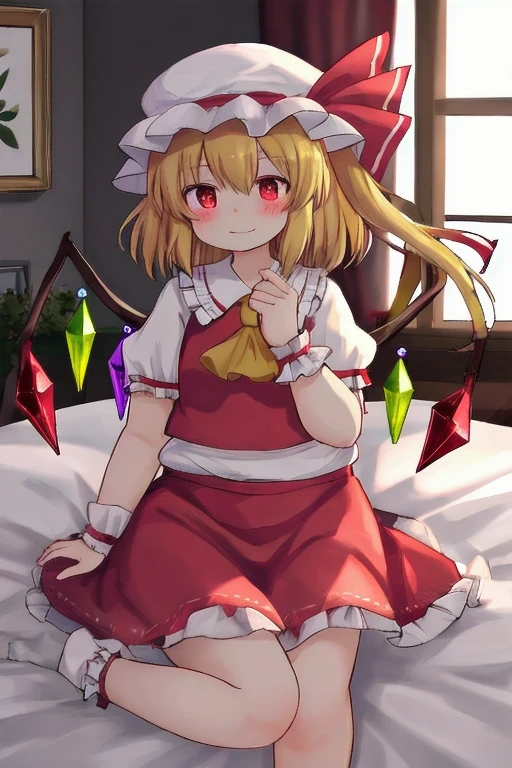 flandre_scarlet_touhou、alone,indoor、Sit on the bed、、blush