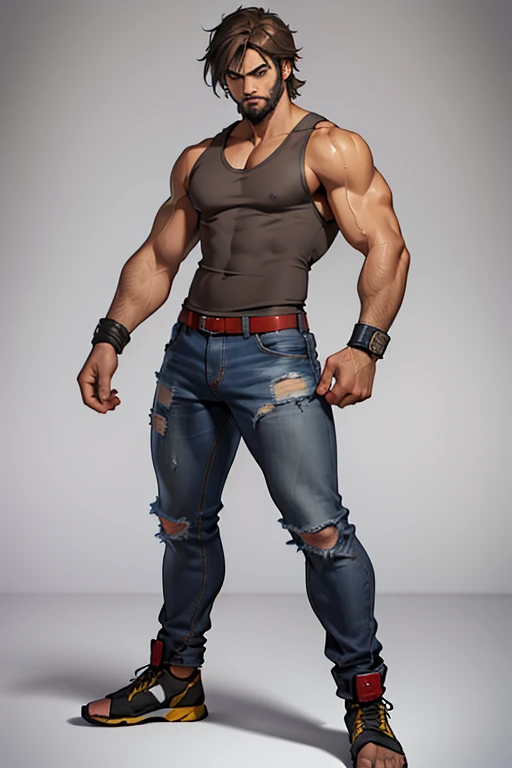 detailed and colored sketch, realistic contour style, full body drawing, Tekken style character, young man about 30, fighter physique, young man with Latin American features, light brown eyes, short shoulder-length hair with long bangs, soft beard, wearing a grey tank top, tight jeans, fighting bands on his hands