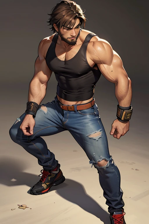 detailed and colored sketch, realistic contour style, full body drawing, Tekken style character, young man about 30, fighter physique, young man with Latin American features, light brown eyes, short shoulder-length hair with long bangs, soft beard, wearing a grey tank top, tight jeans, fighting bands on his hands
