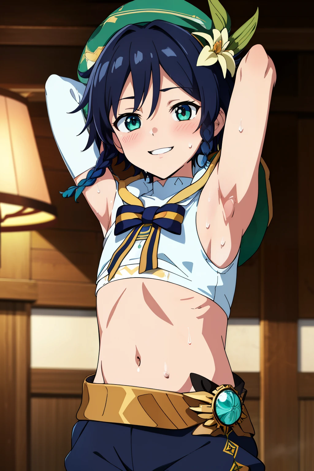 (Masterpiece),(best quality),official art,extremely detailed CG,unity 8k wallpaper,ultra detailed, best quality, 1boy, Boy, Shota, ventidef, beret, hat flower, Sleeveless hoodie, glove, belt, sweat, jewelry, brooch, (Showing armpit:1.3), Smile, Upper body, blushing, Blurry beckground
