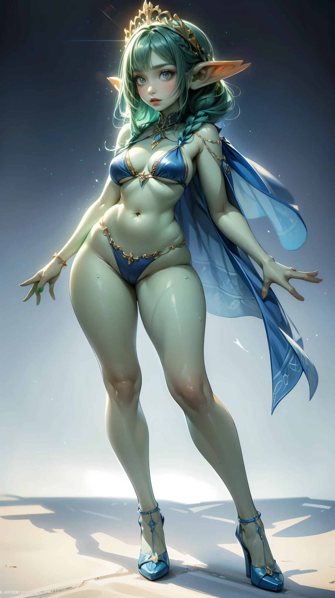 1girl, ((best quality)), ((masterpiece)), (very detailed), 4k, symmetrical, perfect face, ankle length very very long thick blue braid, beautiful, ((green skin)), pointy ears, delicate, blue eyes, seductive eyes, sexy, beautiful, princess, very very long blue braid, wearing very ornate blue bikini and blue high heels, long sheer blue cape flowing behind, posing in front of a plain white background, posing for picture, full body