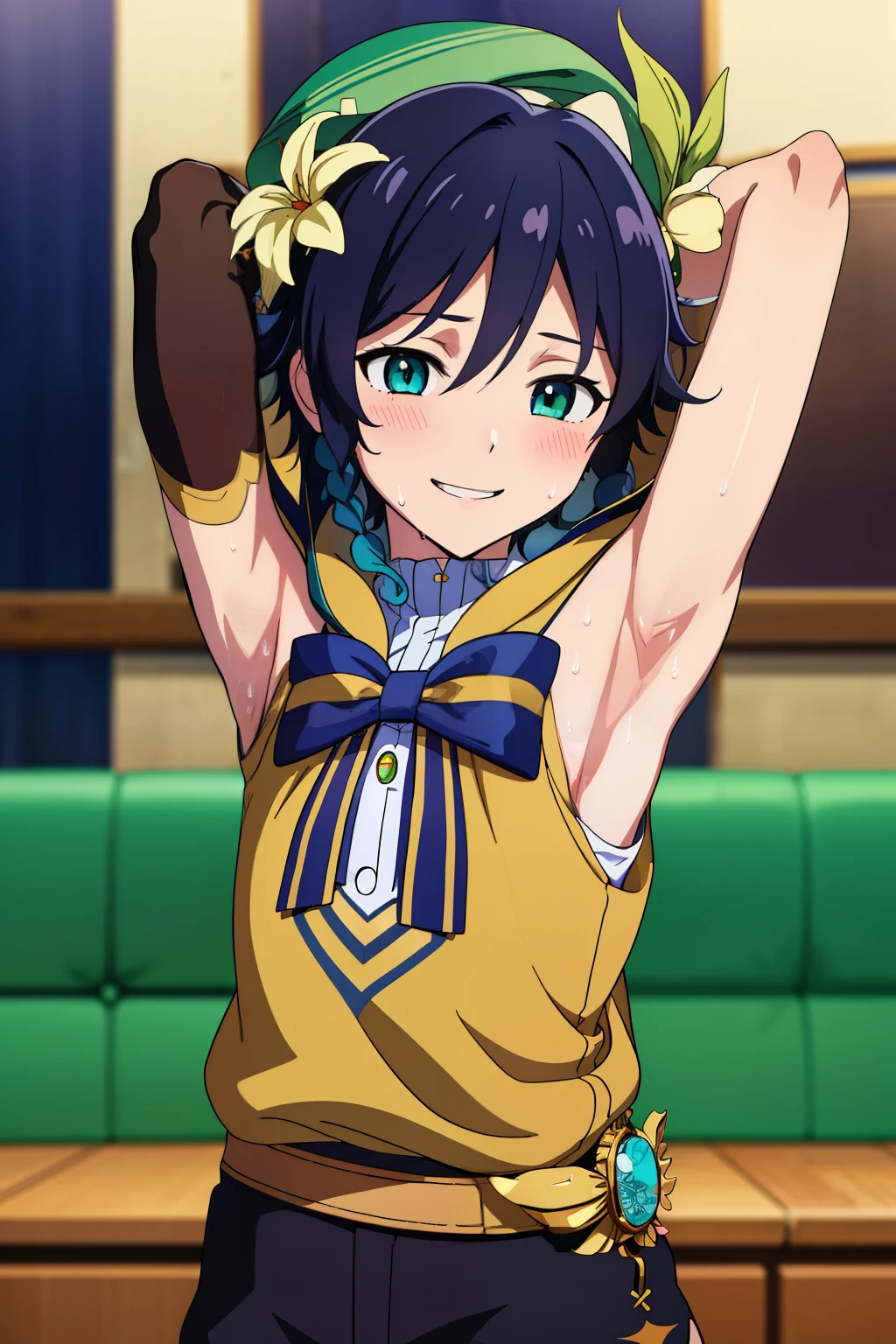 (Masterpiece),(best quality),official art,extremely detailed CG,unity 8k wallpaper,ultra detailed, best quality, 1boy, Boy, Shota, ventidef, beret, hat flower, Sleeveless hoodie, glove, belt, sweat, jewelry, brooch, (Showing armpit:1.3), Smile, Upper body, blushing, Blurry beckground