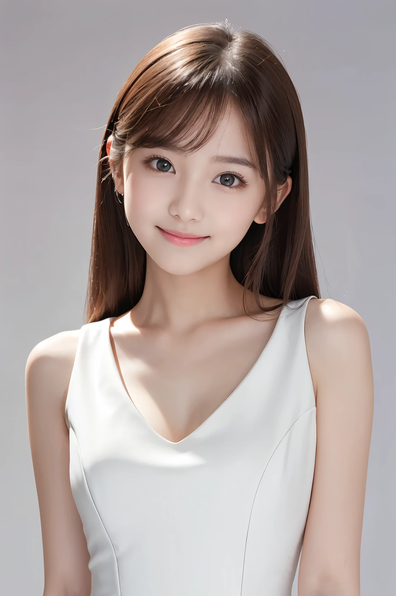 (highest quality、Tabletop、8k、Best image quality、Award-winning works)、One girl、(:1.1)、(Elegant peplum:1.1)、Cleavage、A smile looking at me、(Closed lips:1.1)、Accurate anatomy、(Pure white background:1.2)、Close-up of face、Portrait Photo、standing elegantly、Upper body photo、Glowing Skin、Looking up at me with eyes