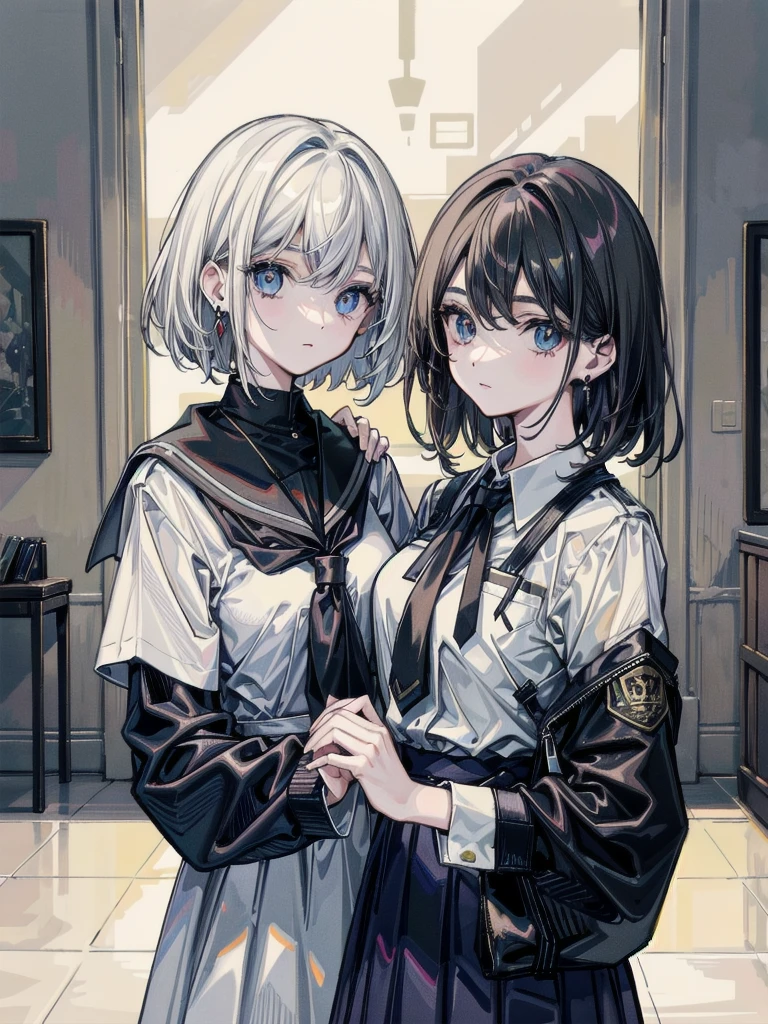 (yuri), ((2 girls)), absurdres, RAW photo, extremely delicate and beautiful, masterpiece, Best Quality, ultra high resolution, 32k, hyperrealistic, ultra-detailed, detailed description, perfect anatomy, pale skin, 20 years old, detailed beautiful face and eyes, tearful mole, earring, short medium hair, wavy hair, whole body shot, big tits, school_uniform,