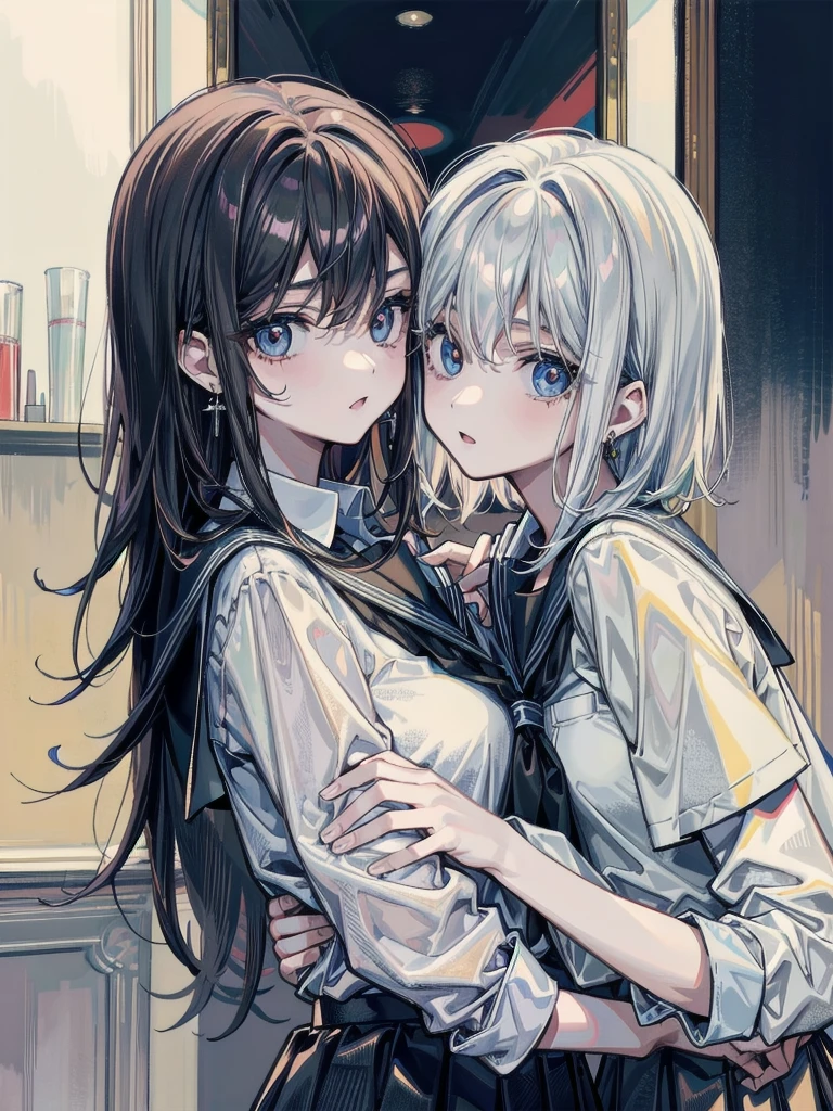 (yuri), ((2 girls)), absurdres, RAW photo, extremely delicate and beautiful, masterpiece, Best Quality, ultra high resolution, 32k, hyperrealistic, ultra-detailed, detailed description, perfect anatomy, pale skin, 20 years old, detailed beautiful face and eyes, tearful mole, earring, short medium hair, wavy hair, whole body shot, big tits, school_uniform,