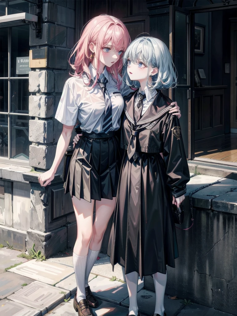 (yuri), ((2 girls)), absurdres, RAW photo, extremely delicate and beautiful, masterpiece, Best Quality, ultra high resolution, 32k, hyperrealistic, ultra-detailed, detailed description, perfect anatomy, pale skin, 20 years old, detailed beautiful face and eyes, tearful mole, earring, short medium hair, wavy hair, whole body shot, big tits, school_uniform,