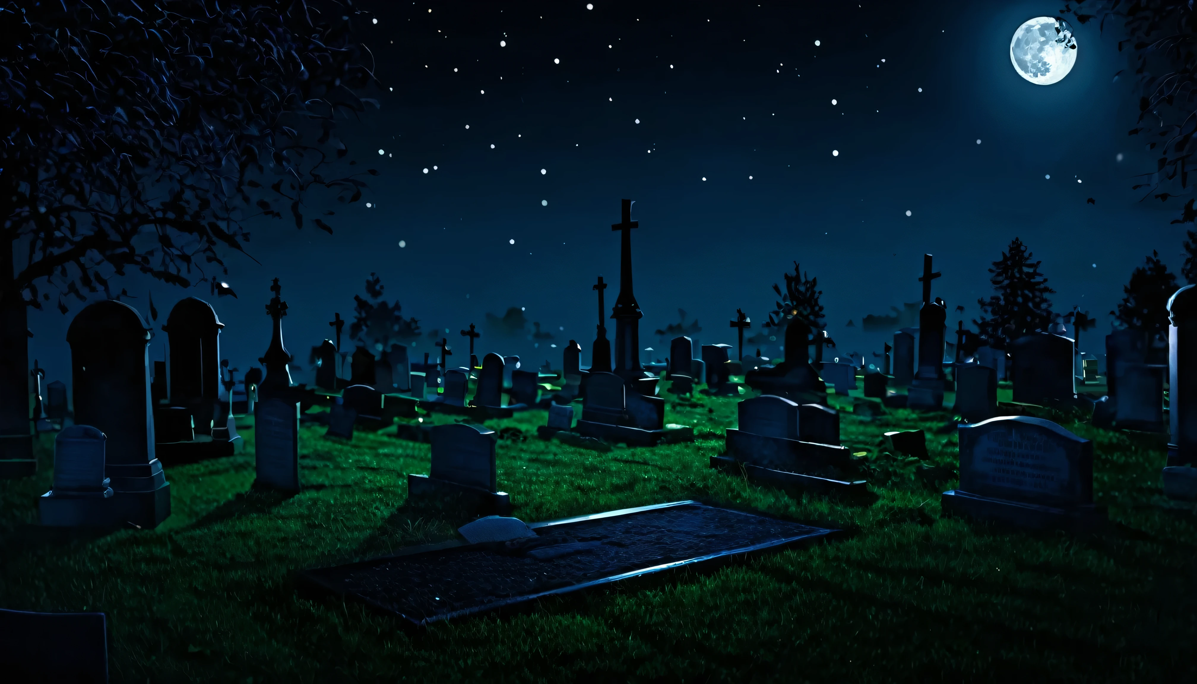 ilustration of a grave in a cemetery at night