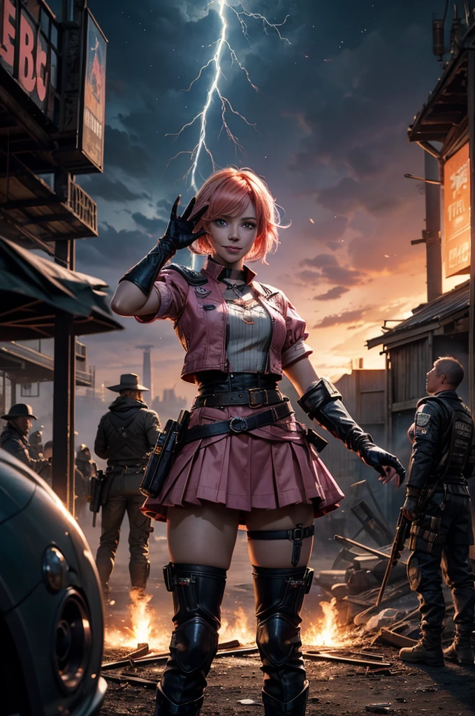 1girl,cowboy shot, beautiful nora_valkyrie, looking at viewer, smile, short hair, blue eyes, heart cutout, gloves, jacket, pink skirt, pink belt, short sleeves, puffy sleeves, single armband, fingerless gloves, short hair, orange hair, pink gloves, dynamic pose, night, lightning, standing near old steam train, post-apocalypse, dystopian future, crowd, (crowd in military uniforms), bonfires, (volumetric lighting), best quality, masterpiece, intricate details, tonemapping, sharp focus, hyper detailed, trending on Artstation,