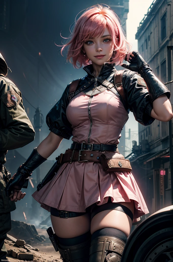 1girl,cowboy shot, beautiful nora_valkyrie, looking at viewer, smile, short hair, blue eyes, heart cutout, gloves, jacket, pink skirt, pink belt, short sleeves, puffy sleeves, single armband, fingerless gloves, short hair, orange hair, pink gloves, dynamic pose, night, lightning, standing near old steam train, post-apocalypse, dystopian future, crowd, (crowd in military uniforms), bonfires, (volumetric lighting), best quality, masterpiece, intricate details, tonemapping, sharp focus, hyper detailed, trending on Artstation,