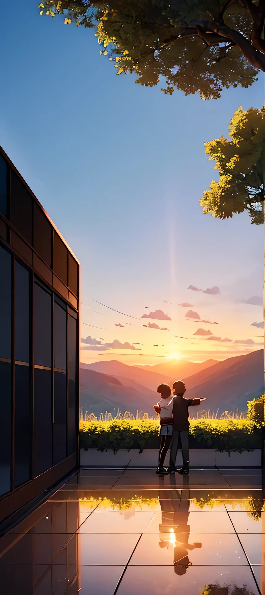 A boy and a girl are standing facing each other, waving hands.saying good byes.The boy has a bright smile and a hint of adventure in his eyes, while the girl has a playful glint in hers. In the background, you can see a scenic landscape with trees and a sunset redish sky. The atmosphere is filled with a sense of freedom and joy,