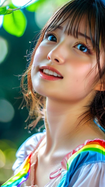 after the rain、rainbow、Pretty girl looking up、summer