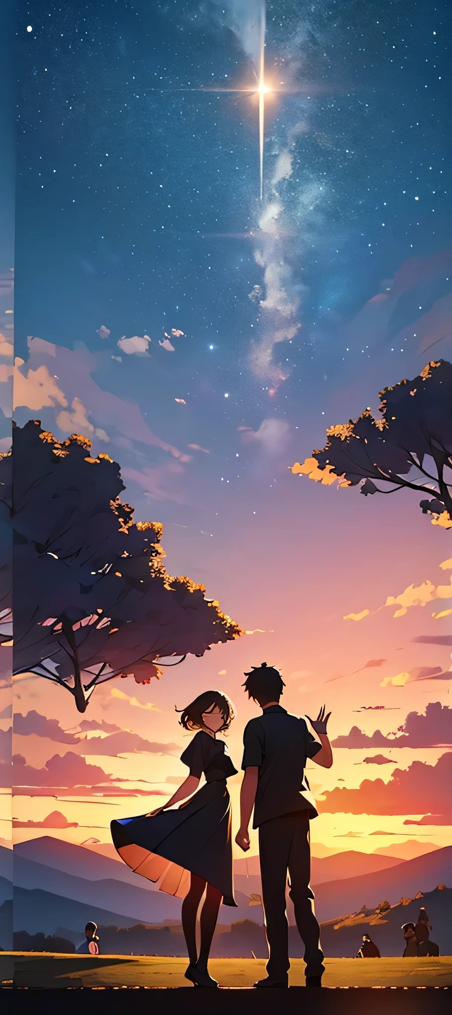

A boy and a girl are standing facing each other, waving hands.saying good byes.The boy has a bright smile and a hint of adventure in his eyes, while the girl has a playful glint in hers. In the background, you can see a scenic landscape with trees and a sunset redish sky. The atmosphere is filled with a sense of freedom and joy, 