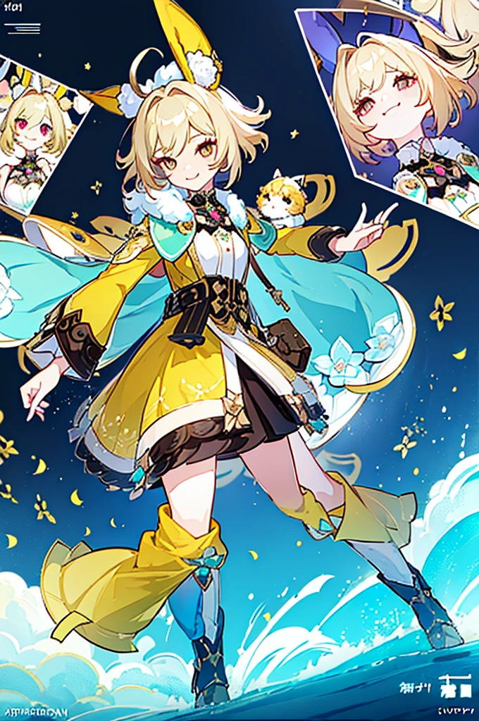 ((screenshot genshin impact, Masterpiece: 1.5, best quality, high resolution: 1.3, super resolution, super detailed, ultra detailed: 1.3, Perfect Anatomy: 1.5, 1 woman) brown skin + short blonde hair + lime eyes + long eyelashes + feminine figure + makeup (intricate outfit, small neckline, cute skirt, short fluffy coat, bunny ears) ((adorable open eyes, friendly smile))