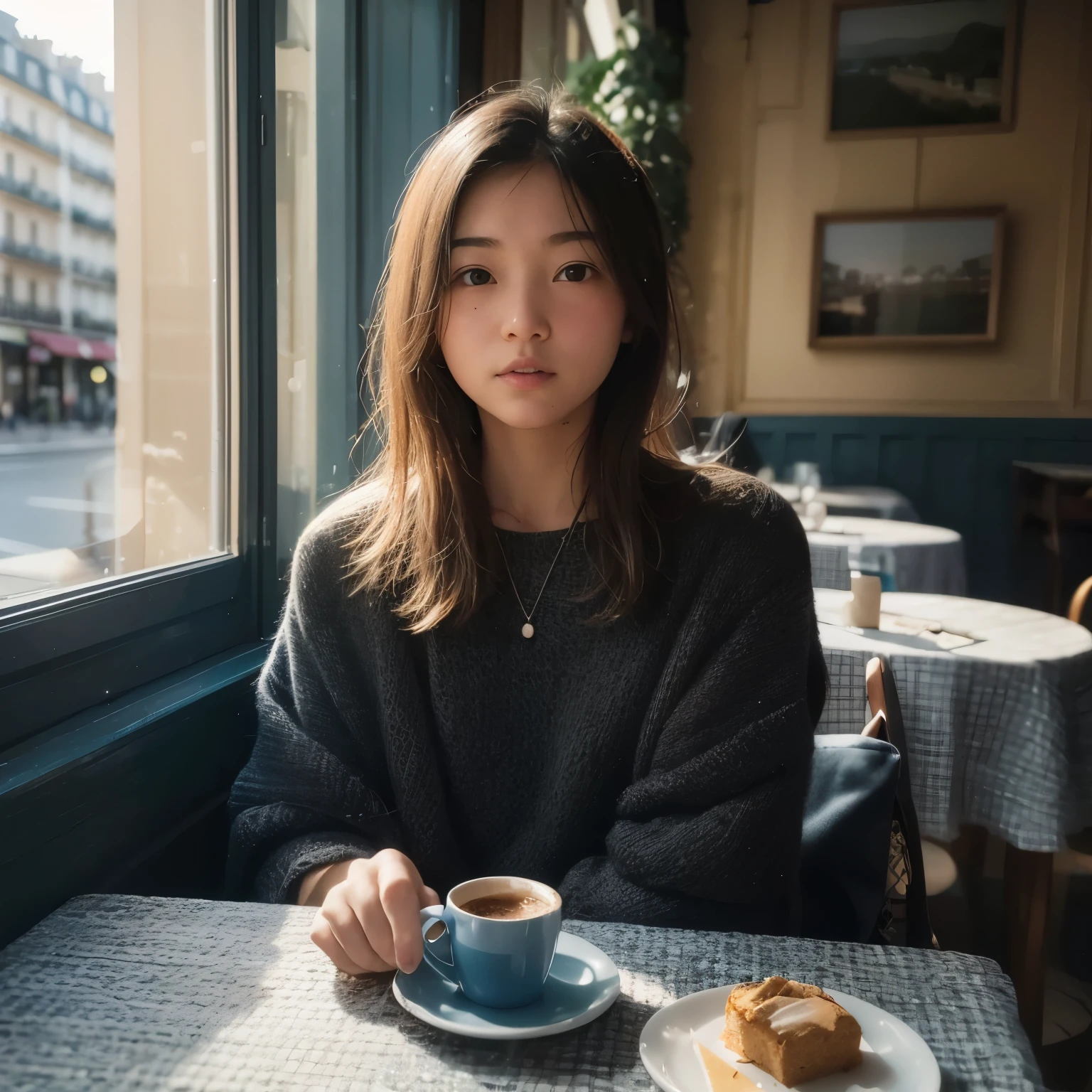 Mood photo for advertising, a  Japanese girl sitting inside a cafe, at a coffee table with blue-white-patched table cloth, Close-up selfie, in paris, morning sunshine from window, photorealistic, selfie 