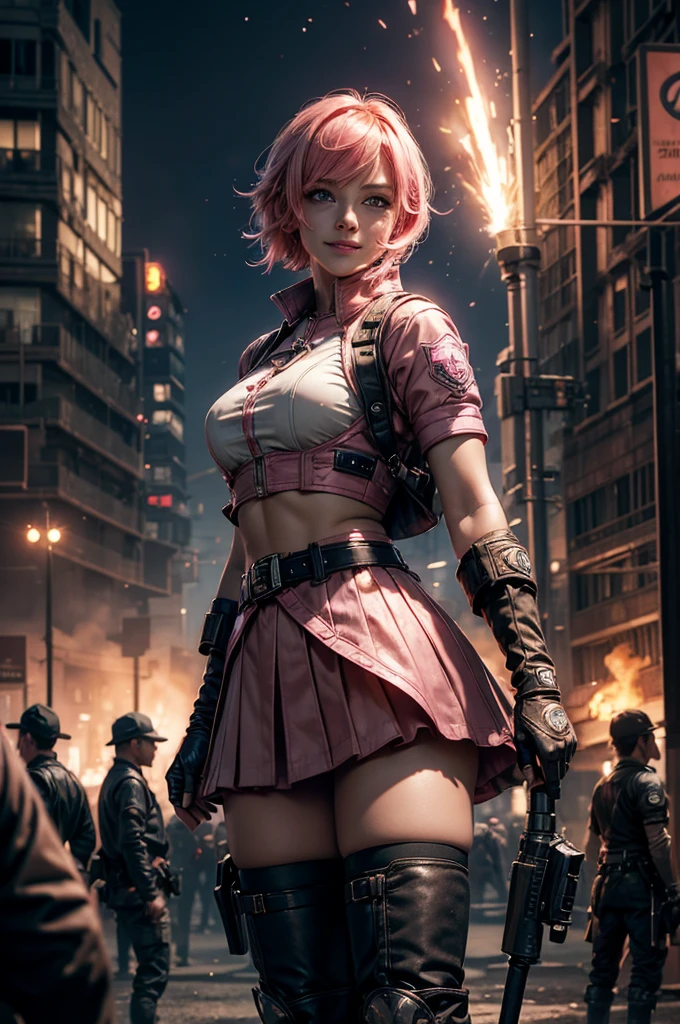 1girl,cowboy shot, beautiful nora_valkyrie, looking at viewer, smile, short hair, blue eyes, heart cutout, gloves, jacket, pink skirt, pink belt, short sleeves, puffy sleeves, single armband, fingerless gloves, short hair, orange hair, pink gloves, dynamic pose, night, lightning, standing near old steam train, post-apocalypse, dystopian future, crowd, (crowd in military uniforms), bonfires, (volumetric lighting), best quality, masterpiece, intricate details, tonemapping, sharp focus, hyper detailed, trending on Artstation,