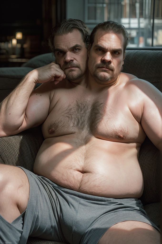 (((2heads))), 1man, ((((david harbour)))), middle aged, male, (((obese))), ((shirtless)), navel, sweatpants, body hair, big bulge, dreamy atmosphere, dark cyan and red, i can't believe how beautiful this is, serene atmosphere, epic realistic, soft cinematic light, hdr, intricate, highly detailed, (depth of field:1.4), faded, (neutral colors:1.2), (hdr:1.4), (muted colors:1.2), hyperdetailed, (artstation:1.4), cinematic, dramatic light, (intricate details:1.1), porch scenery, (rutkowski:0.66), (hdr, (intricate details, hyperdetailed:1.15) (skin texture:1.2), detailed expressions, tired, frowning, natural pose, sitting on couch, (hyperrealism), (correct anatomy)