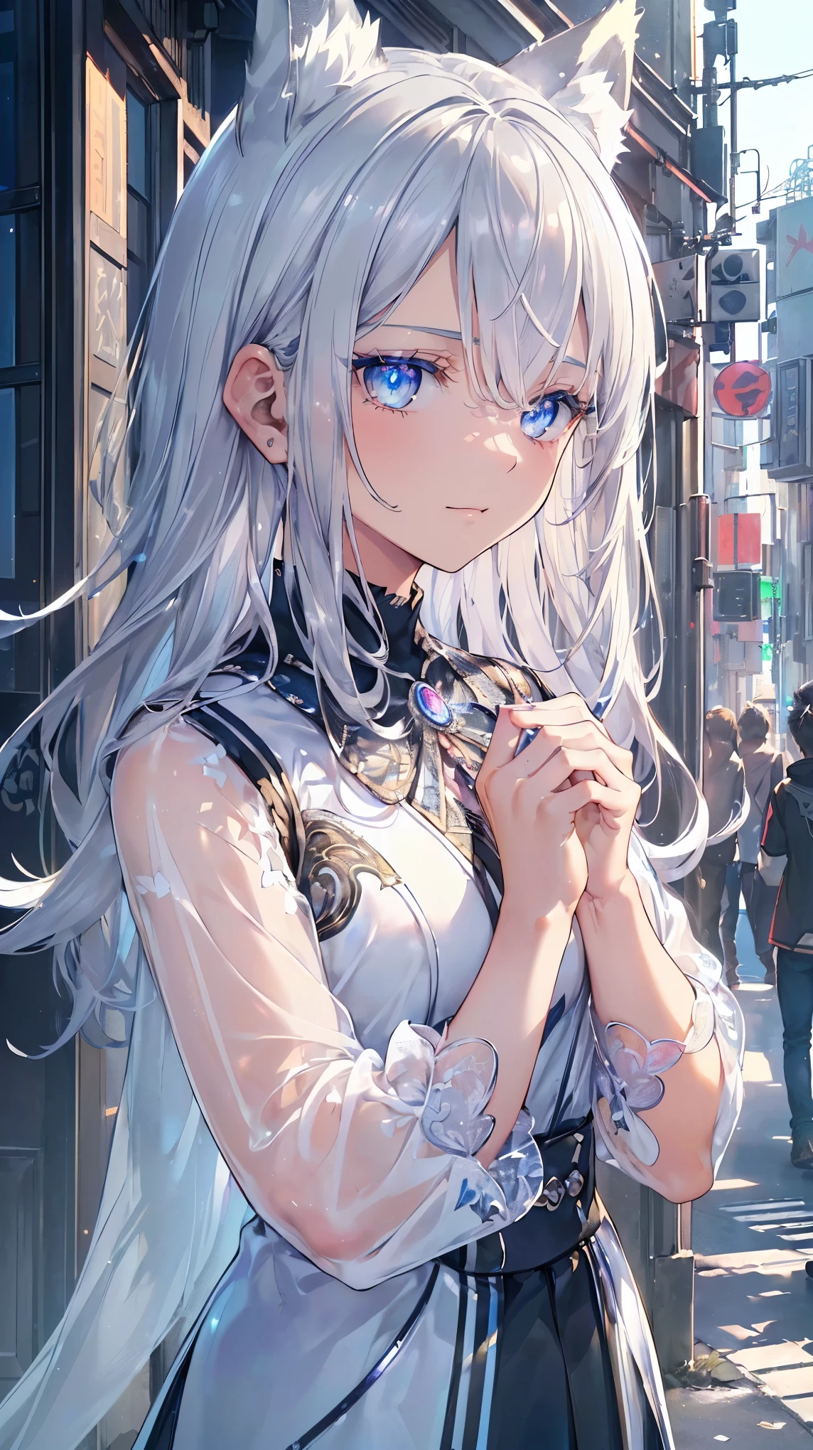 (((Masterpiece))), (((Highest quality))), ((Ultra-detailed)), ((Super fine illustration)), ((Ultra-fine painting)), (16K highest quality wallpaper:1.4), (Upper body:1.6), HDR, (Highly detailed and delicate illustration style:1.8), Detailed skin texture, Detailed cloth texture, Extreme detailed description, (T-masterpiece), (Highly detailed face:1.4), (Highly detailed and shiny silver hair:1.2), (Highly delicate and clear blue eyes:1.2), Original, RAW photo, Professional, Intricate details, Super details, Iridescent light:1.7, Direct light:1.6, (Perfect anatomy:1.4), (Highly detailed hands:1.2), (Highly detailed fingers:1.2), (Highly detailed fingertips:1.2), (18-years-old), (Solo:1.8), Real, ((A very beautiful and cool boyish silver fox female fashion model:1.4))
BRAKE
(Beautiful and adorable silver fox ears:1.6), (Highly detailed and delicate silver fox ears:1.2), (Beautiful and well-shaped big breasts:1.2), (Beautiful and well-shaped buttocks), (Very beautiful and shiny rainbow-colored hair, colorful hair:1.6), (Very beautiful and transparent blue eyes that shine in iridescent colors, colorful eyes:1.5), (Beautiful clear blue eyes with sparkling details:1.6), (Highly detailed face:1.4), (Smile:1.3), (looking at viewer:1.4), (Walking)
BRAKE
((Very beautiful and cool casual boyish outfit:1.4))
BRAKE
(Just afternoon:1.2), (Highly detailed and delicate streets of Shibuya:1.4), (Highly detailed and delicate background)
BRAKE